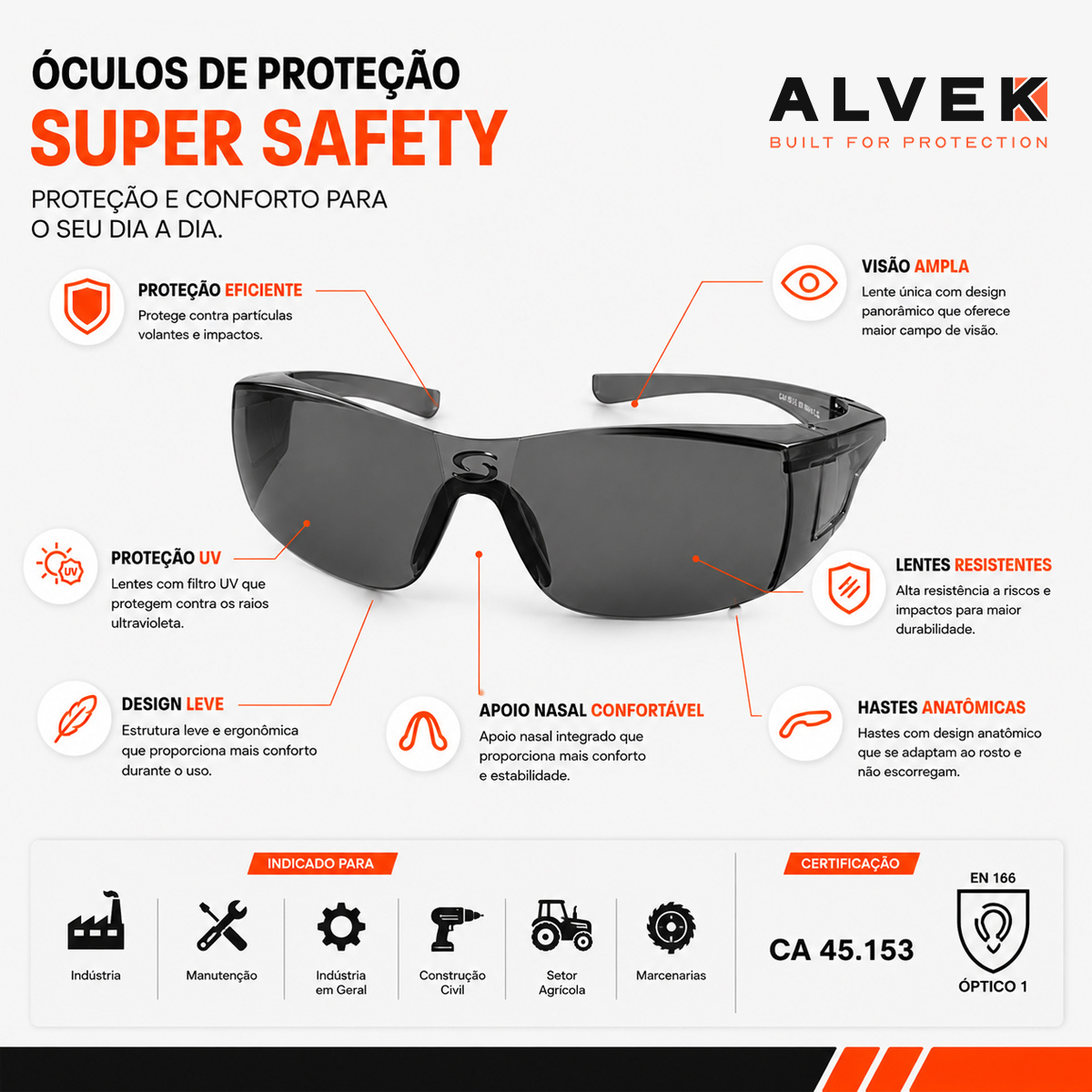 Óculos De Segurança Cinza Antirrisco Ca 30013 Proteção Uv