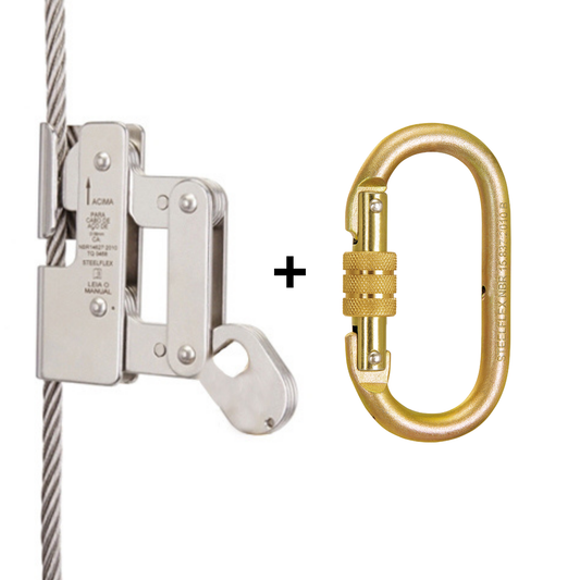 Trava Quedas 8mm P Cabo De Aço + Mosquetão Trava Dupla 25kn