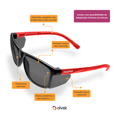 Óculos De Proteção Kalipso Cancun Graduado Lente Cinza Armação Vermelha